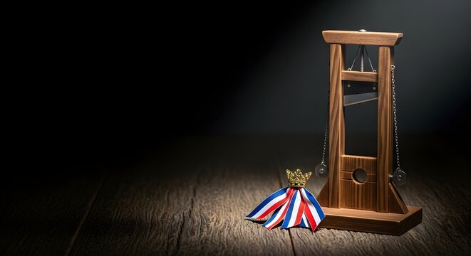 Miniature guillotine model and royal crown with French flag colors on a dark wooden table for Bastille Day concept and historical revolution