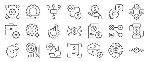 Business automation workflow icon set. It includes ai, chart, marketing, finance, process, smart, and more icons. Editable Vector Stroke.