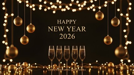 Happy New Year 2026 celebration with champagne glasses and golden decorations