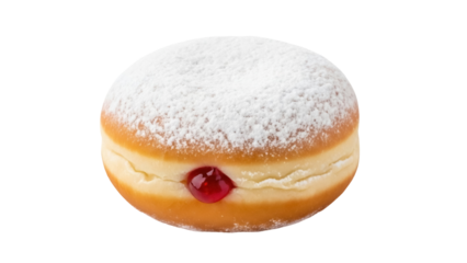 Isolated jelly-filled donut topped with powdered sugar, a delicious bakery product, food item