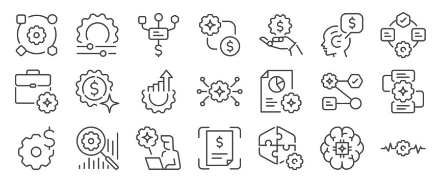 Business automation workflow icon set. It includes ai, chart, marketing, finance, process, smart, and more icons. Editable Vector Stroke.