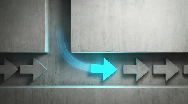 Glowing blue arrow changing direction in process flow for business planning.