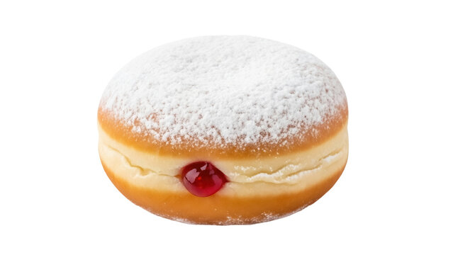 Isolated jelly-filled donut topped with powdered sugar, a delicious bakery product, food item