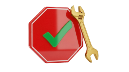 Isolated Octagon sign with green check mark indicating approval and a gold wrench tool