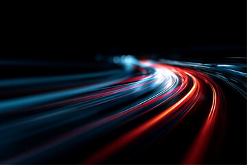 Futuristic neon laser streaks form lines along dark city road at night. Motion trails glow with energy, speed, light, showing swirling traffic, dynamic acceleration in every path. Vector illustration.