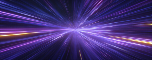 Fototapeta premium Futuristic neon tunnel road with laser lines flows through a night city on a dark background. Light motion creates depth. Speed amplifies the glowing urban scene. Vector illustration. 