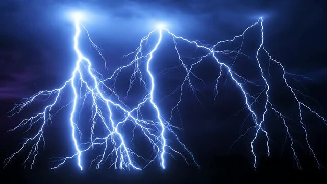 Intense blue lightning strikes across a dark night sky with dramatic electrical storm flashes