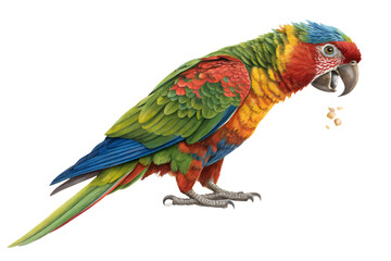 Obraz premium Bright colorful parrot eating fresh fruit. Realistic exotic pet scene showing healthy nutrition and natural behavior. Isolated on transparent background, PNG.