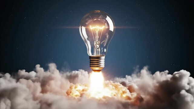 Light bulb rocket launching through cloud with glowing filament suggesting creative idea innovation and glowing light bulb rising