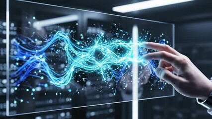 Hand touchscreen interaction with glowing data wave conveying futuristic connectivity and dynamic energy futuristic hand touching - Powered by Adobe