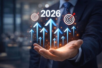 Businessman holding glowing 2026 business growth bar chart with upward arrow indicating successful financial forecast investment planning and corporate revenue increase for new year strategy