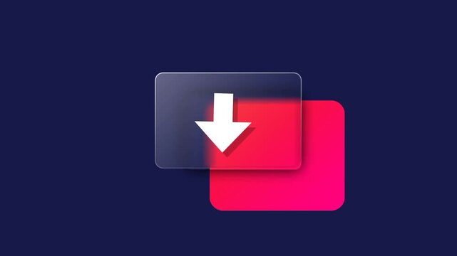 A white downward arrow sits on a red rectangular card with a translucent glass overlay on a dark background representing download or decreasing trends