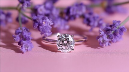 Ring between lavender sprigs on a pink surface, close up view