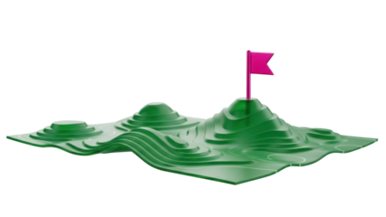 Isolated topographic model of a golf course with a pink flag sticking in the top hill