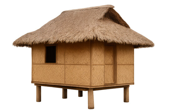 Traditional tropical stilt house, a bamboo hut with thatched roof, isolated on transparent background, indigenous architecture