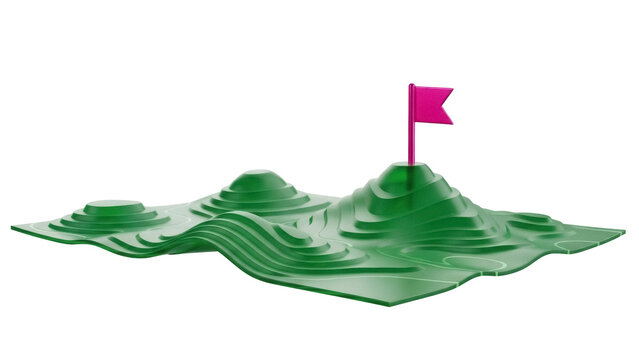 Isolated topographic model of a golf course with a pink flag sticking in the top hill