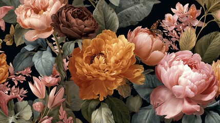 Rich floral pattern, dark background, featuring peony-like blossoms