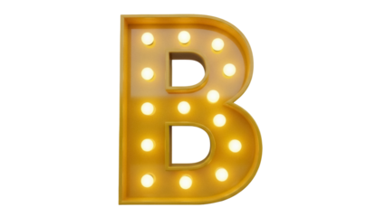 Isolated illuminated letter B, trendy sign, yellow marquee letter, glowing alphabet light