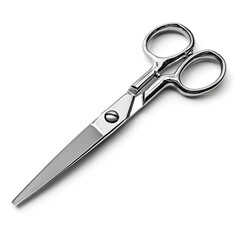 Obraz premium A pair of sharp silver stainless steel metal scissors with black handles is isolated on a white background as an open cutting tool for office paper or hair