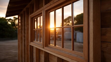 Wooden building frame with reflecting the golden hour sunset