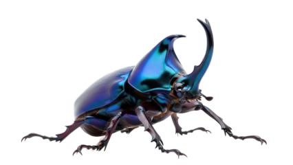 Isolated male rhinoceros beetle displays iridescent exoskeleton, horn facing skyward