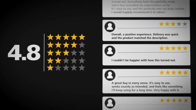 Modern dark themed interface showing a 4.7 star product rating with stacked customer review cards, golden stars and clean UI design, representing online shopping, trust, feedback systems