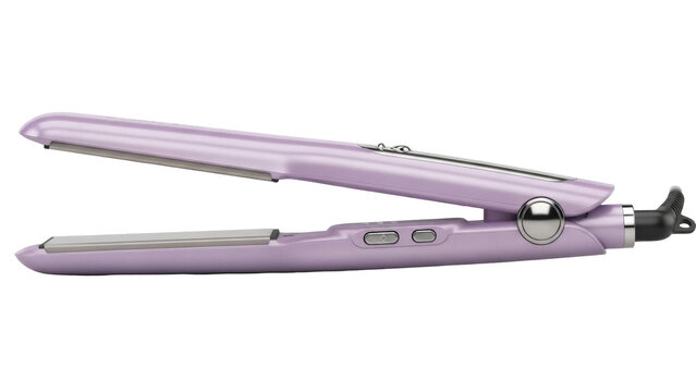 Isolated lilac-colored hair straightener. A tool for straightening or curling hair in style.