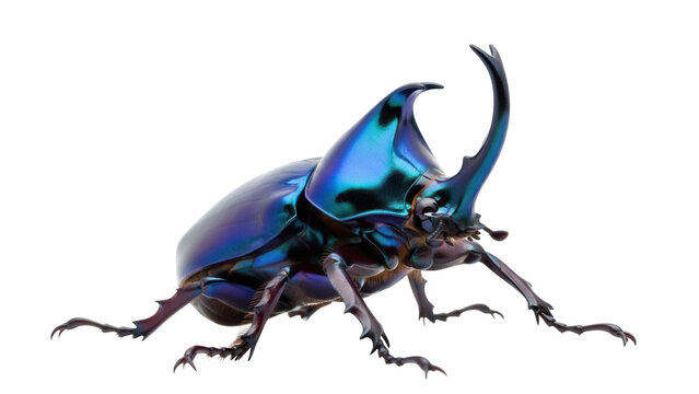 Isolated male rhinoceros beetle displays iridescent exoskeleton, horn facing skyward