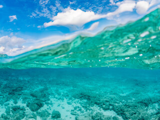 Naklejka premium 嘉比島の美しい白砂ビーチの半水面撮影。 美しいサンゴ礁と熱帯魚の群れ。 嘉比島沖縄県 島尻郡慶良間諸島座間味島-2025 沖縄本島から40km西方の諸島。30以上の島嶼群全体が国立公園に指定。珊瑚礁の青い海と白い砂浜は世界屈指の美。貴重な動植物が多数生息。 