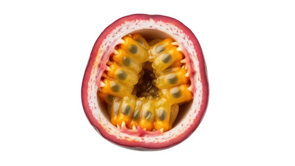 Isolated sliced passion fruit, healthy tropical fruit with pulp and seeds, cut open