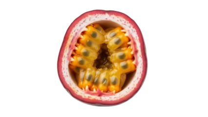 Isolated sliced passion fruit, healthy tropical fruit with pulp and seeds, cut open