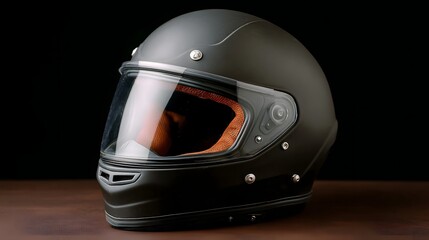 Fototapeta premium Matte black full face motorcycle helmet with a tinted visor and orange interior displayed against a dark background