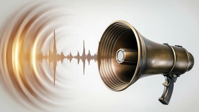 Animated megaphone emitting sound waves visualizing audio transmission and communication technology