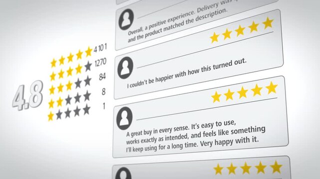 Minimalist light themed review screen with a 4.7 star rating and readable customer comments, conveying transparency, credibility and decision support in online shopping and digital service platforms.