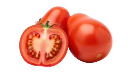 Isolated red plum tomato fruits, one halved with seeds visible, food photography in studio