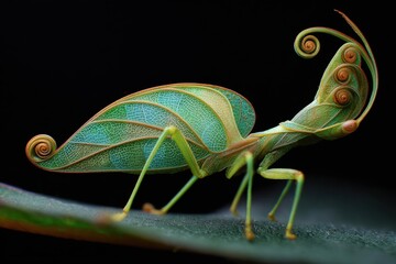 Unusual green insect with leaf-like wings on black