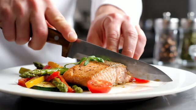 Chef expertly garnishes a gourmet salmon dish with fresh vegetables and cherry tomatoes
