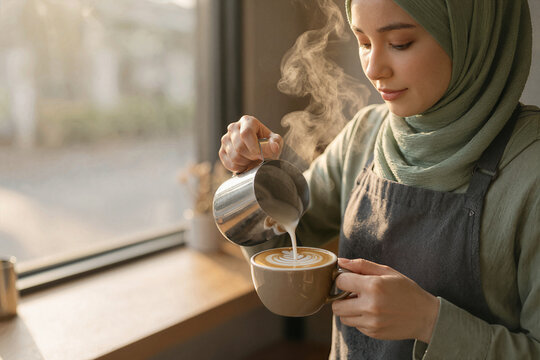 Malay barista pouring latte art in cafe - Powered by Adobe