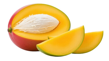 Isolated tropical mango fruit halves, cut mango slices, seed inside, fresh and healthy sweet taste