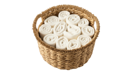 Isolated rolled white towels in straw basket for spa decor, bathroom, relaxation concept