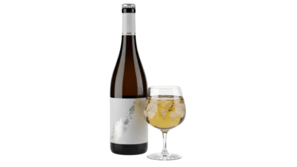 Isolated bottle and filled wineglass of amber liquid product display, tasting experience