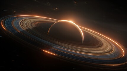 Ringed planet, dark side facing viewer, bathed in light, against starry backdrop