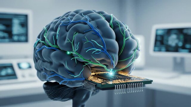 Futuristic Brain Computer Interface Shows Neural Network Interacting with Microchip Technology