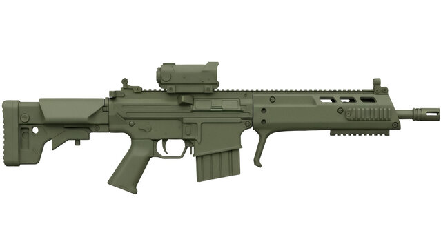 Isolated olive-drab FN SCAR rifle military firearm for hunting and defense on seamless stage
