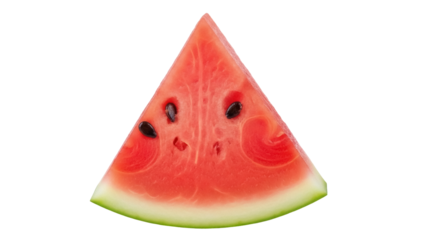 Isolated slice of watermelon with seeds, summer fruit in the shape of a triangle on bright light