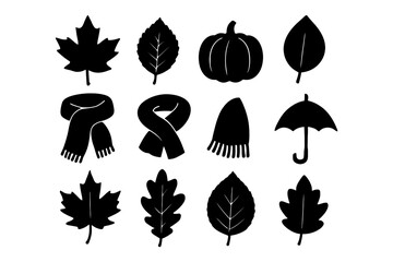 Obraz premium Autumn symbols: leaves, pumpkin, scarf, hat, and umbrella silhouettes.