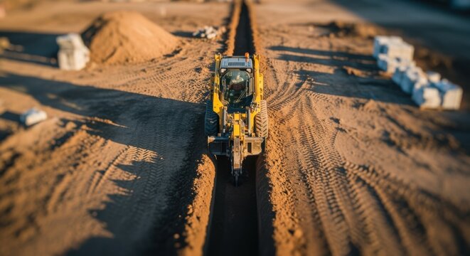 Drone perspective of skidsteer trencher leaving a clean trench line onsite controlled remotely to accelerate pipeline laying projects efficiently.
