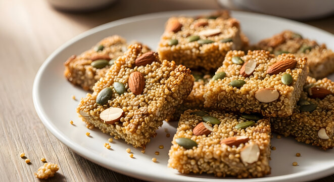 Squares of sesame seed and nut bars on a white plate on a table