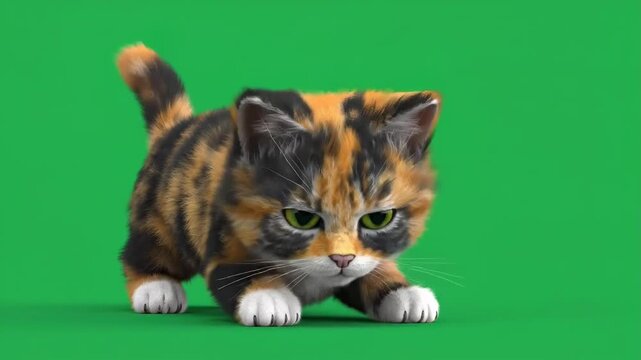 Animated playful kitten in various cute poses on green background