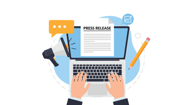 Content creator writing a press release on a laptop, with a megaphone and speech bubble symbolizing public relations and media.